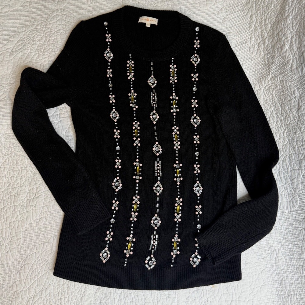 Tory Burch Black Embellished Crystal Bead Long Sleeve Knit Sweater Large